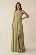 Spaghetti Strap A-Line Chiffon Maxi Bridesmaid Dress in Moss Green | KISSBRIDAL