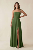Spaghetti Strap A-Line Chiffon Maxi Bridesmaid Dress in Moss | KISSBRIDAL