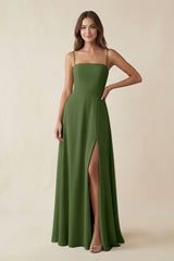 Spaghetti Strap A-Line Chiffon Maxi Bridesmaid Dress in Moss | KISSBRIDAL