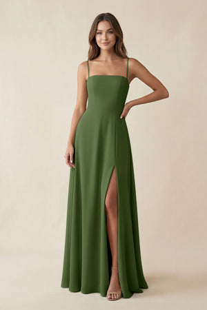 Spaghetti Strap A-Line Chiffon Maxi Bridesmaid Dress in Moss | KISSBRIDAL