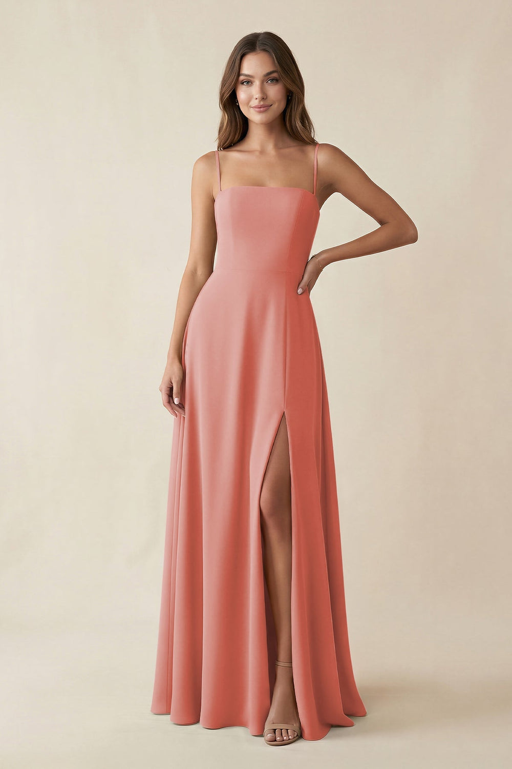Spaghetti Strap A - Line Chiffon Maxi Bridesmaid Dress in Mulberry - KISS BRIDAL Bridesmaid Dresses
