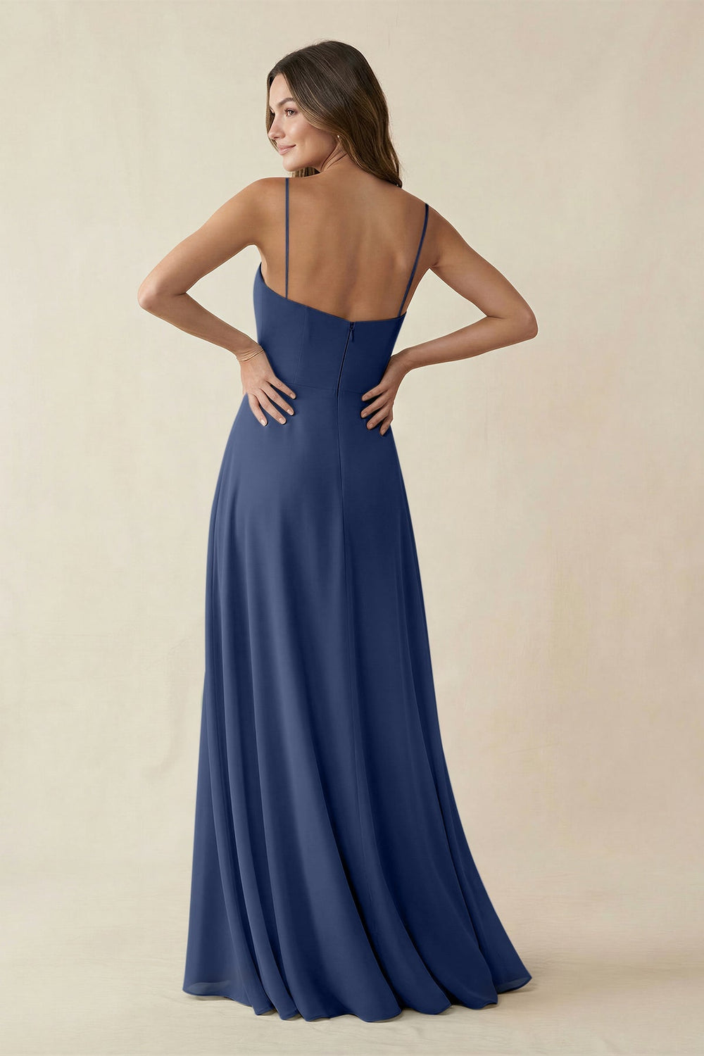 Spaghetti Strap A - Line Chiffon Maxi Bridesmaid Dress in Navy - KISS BRIDAL Bridesmaid Dresses