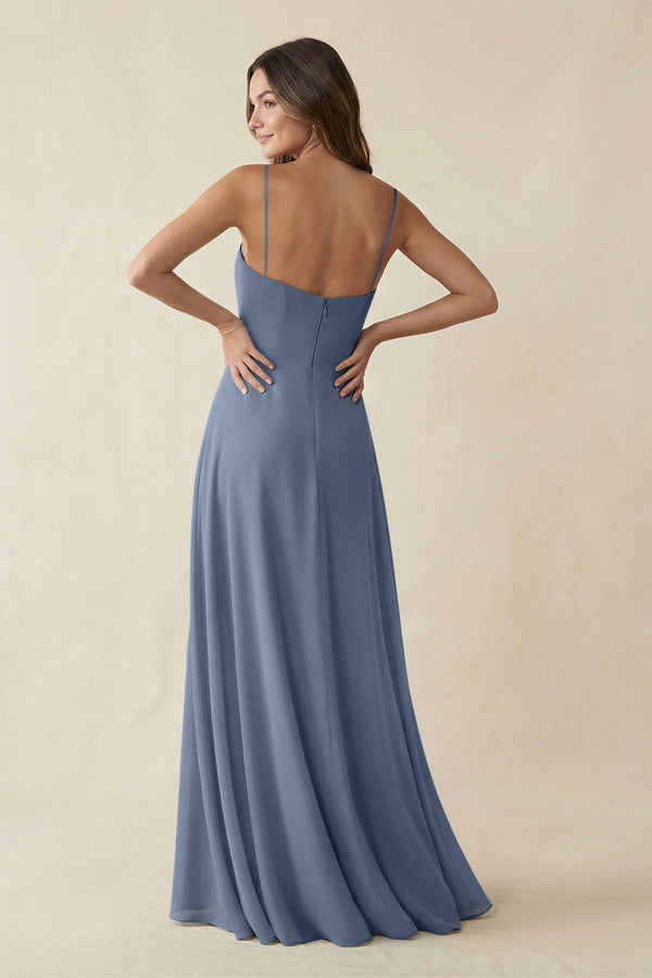Spaghetti Strap A - Line Chiffon Maxi Bridesmaid Dress in Neptune - SHE IS ME Bridesmaid Dresses