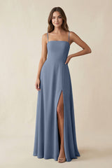Spaghetti Strap A - Line Chiffon Maxi Bridesmaid Dress in Neptune - KISS BRIDAL Bridesmaid Dresses