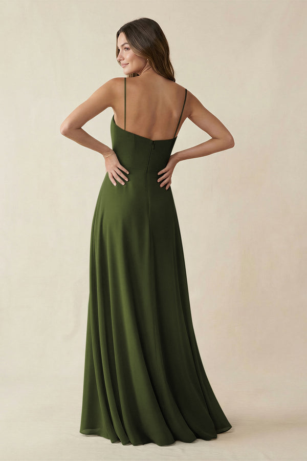 Spaghetti Strap A - Line Chiffon Maxi Bridesmaid Dress in Olive - SHE IS ME Bridesmaid Dresses