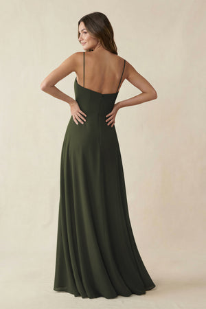 Spaghetti Strap A-Line Chiffon Maxi Bridesmaid Dress in Olive (2) | KISSBRIDAL
