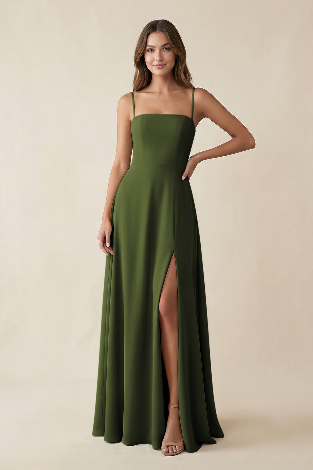 Spaghetti Strap A - Line Chiffon Maxi Bridesmaid Dress in Olive - KISS BRIDAL Bridesmaid Dresses
