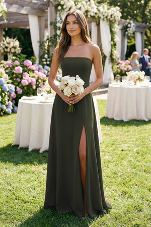 Spaghetti Strap A-Line Chiffon Maxi Bridesmaid Dress in Olive (3) | KISSBRIDAL