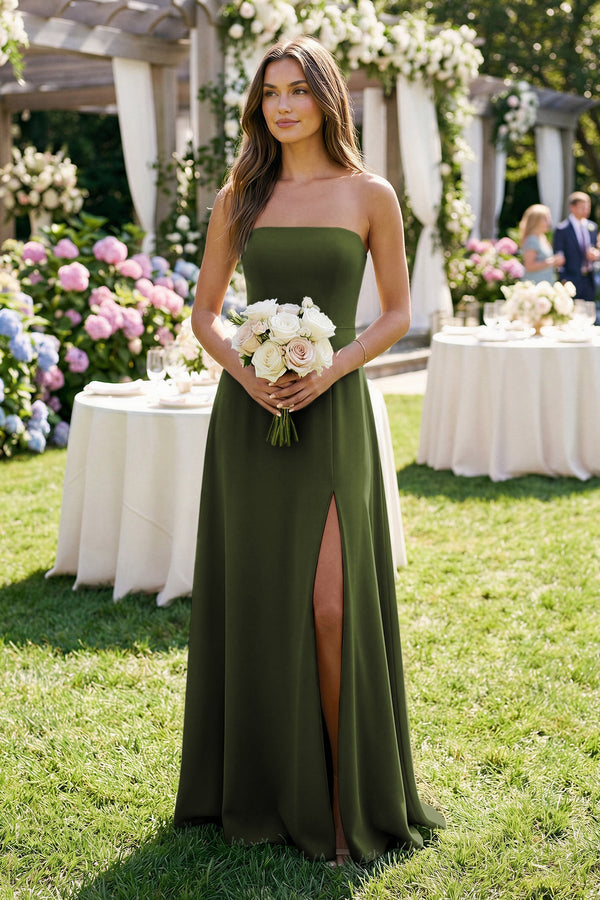 Spaghetti Strap A - Line Chiffon Maxi Bridesmaid Dress in Olive - SHE IS ME Bridesmaid Dresses