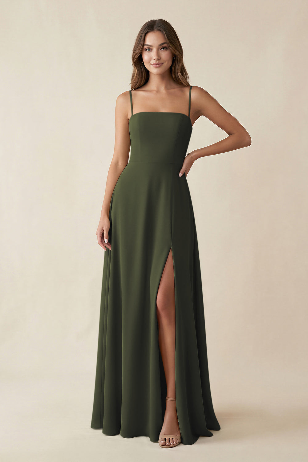 Spaghetti Strap A-Line Chiffon Maxi Bridesmaid Dress in Olive