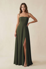 Spaghetti Strap A-Line Chiffon Maxi Bridesmaid Dress in Olive | KISSBRIDAL