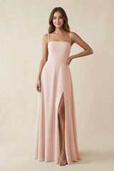 Spaghetti Strap A - Line Chiffon Maxi Bridesmaid Dress in Pale Blush - KISS BRIDAL Bridesmaid Dresses
