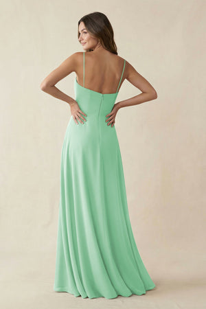 Spaghetti Strap A - Line Chiffon Maxi Bridesmaid Dress in Pale Pistachio - SHE IS ME Bridesmaid Dresses