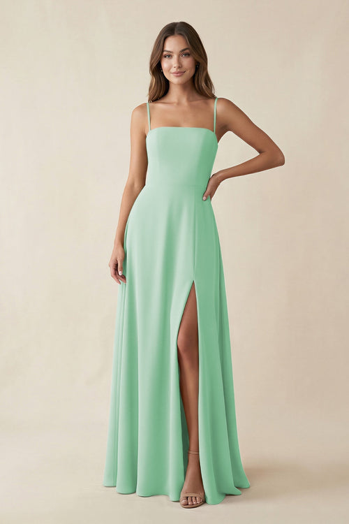 Spaghetti Strap A - Line Chiffon Maxi Bridesmaid Dress in Pale Pistachio - SHE IS ME Bridesmaid Dresses