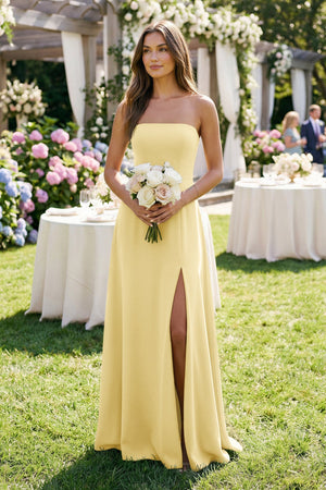 Spaghetti Strap A - Line Chiffon Maxi Bridesmaid Dress in Pastel Yellow - SHE IS ME Bridesmaid Dresses