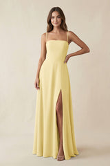 Spaghetti Strap A - Line Chiffon Maxi Bridesmaid Dress in Pastel Yellow - KISS BRIDAL Bridesmaid Dresses