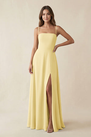 Spaghetti Strap A - Line Chiffon Maxi Bridesmaid Dress in Pastel Yellow - SHE IS ME Bridesmaid Dresses