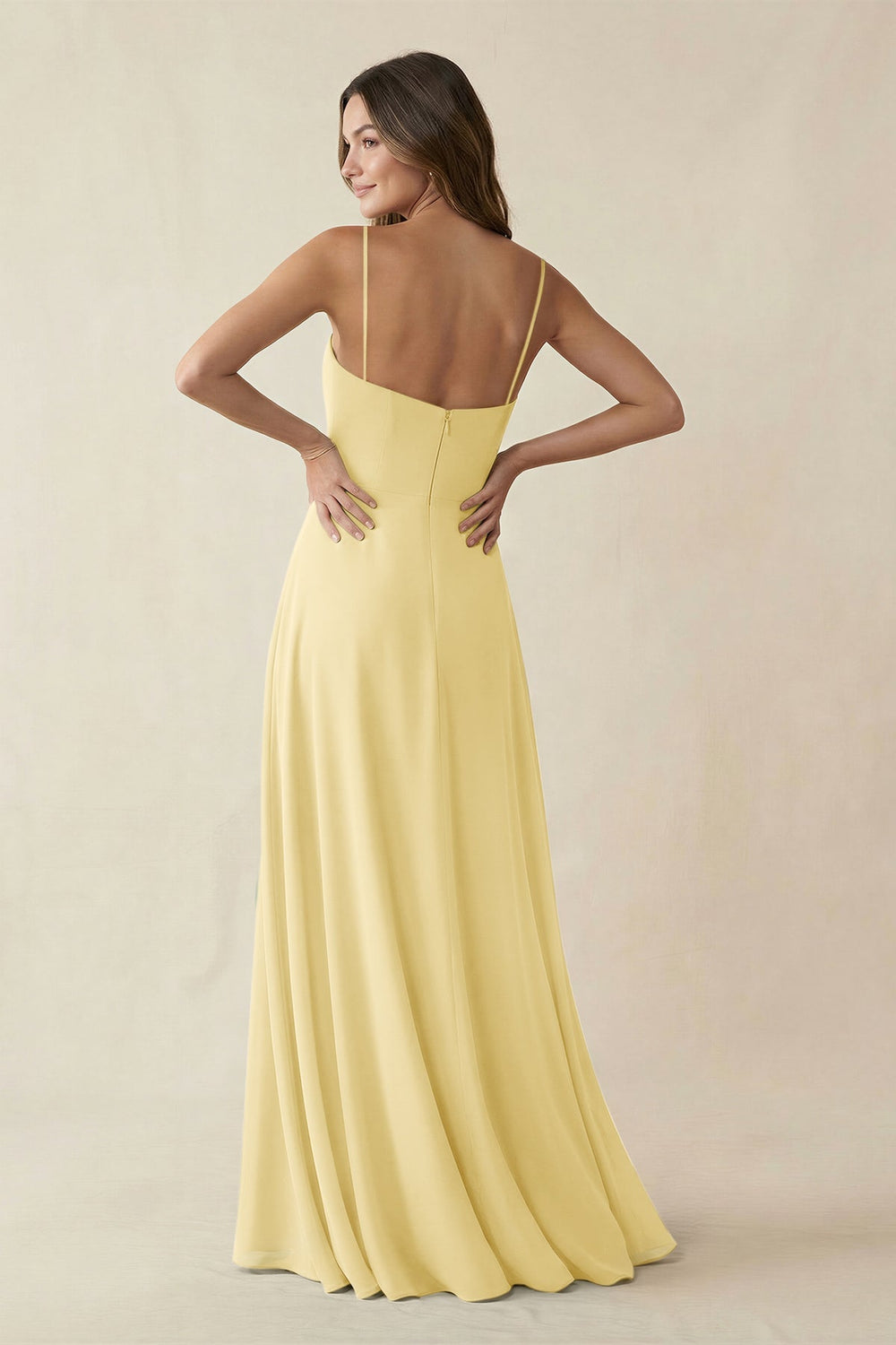 Spaghetti Strap A - Line Chiffon Maxi Bridesmaid Dress in Pastel Yellow - KISS BRIDAL Bridesmaid Dresses