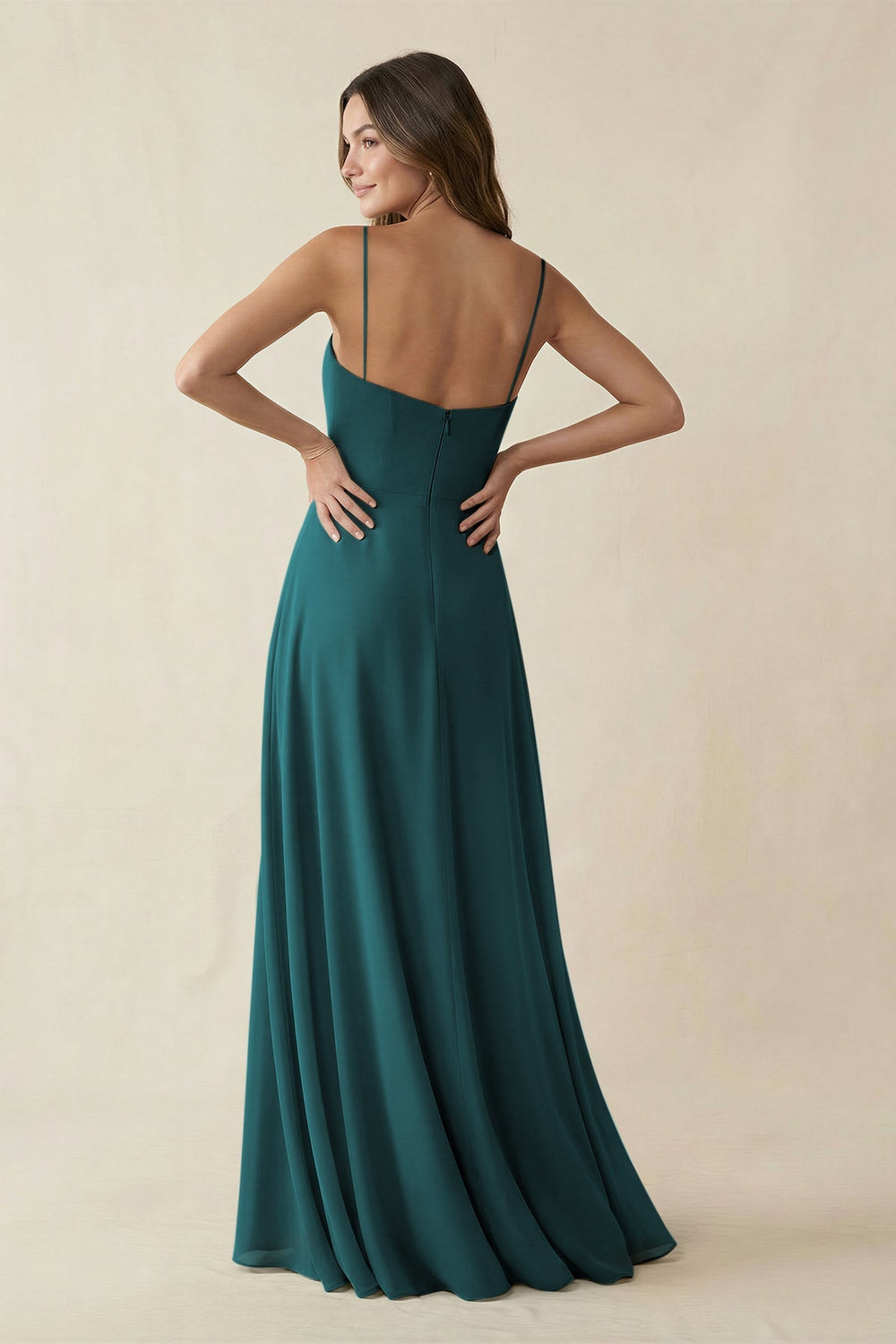 Spaghetti Strap A - Line Chiffon Maxi Bridesmaid Dress in Pine - KISS BRIDAL Bridesmaid Dresses