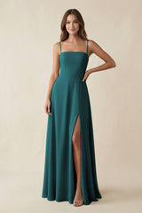 Spaghetti Strap A - Line Chiffon Maxi Bridesmaid Dress in Pine - KISS BRIDAL Bridesmaid Dresses