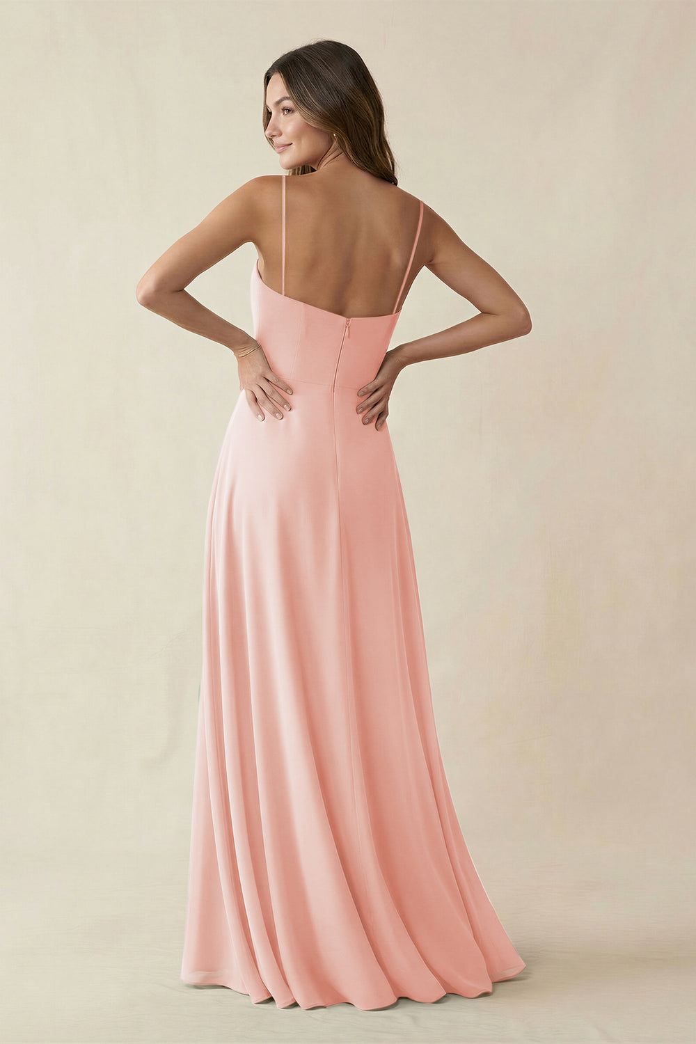 Spaghetti Strap A-Line Chiffon Maxi Bridesmaid Dress in Rose Petal