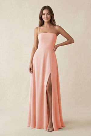 Spaghetti Strap A - Line Chiffon Maxi Bridesmaid Dress in Rose Petal - SHE IS ME Bridesmaid Dresses