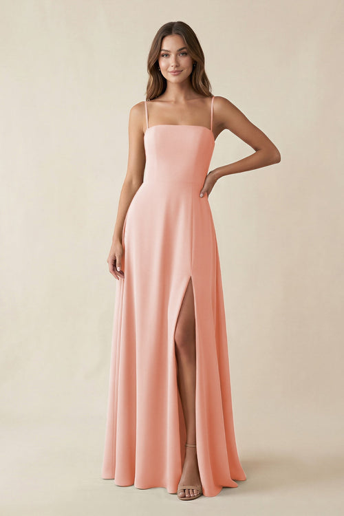 Spaghetti Strap A - Line Chiffon Maxi Bridesmaid Dress in Rose Petal - SHE IS ME Bridesmaid Dresses