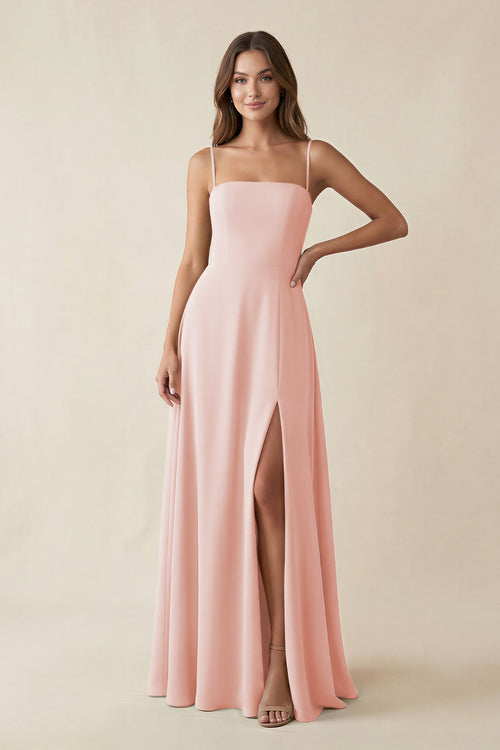 Spaghetti Strap A-Line Chiffon Maxi Bridesmaid Dress in Rose Petal | KISSBRIDAL