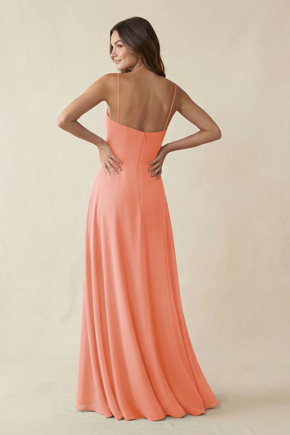 Spaghetti Strap A - Line Chiffon Maxi Bridesmaid Dress in Rosette - KISS BRIDAL Bridesmaid Dresses