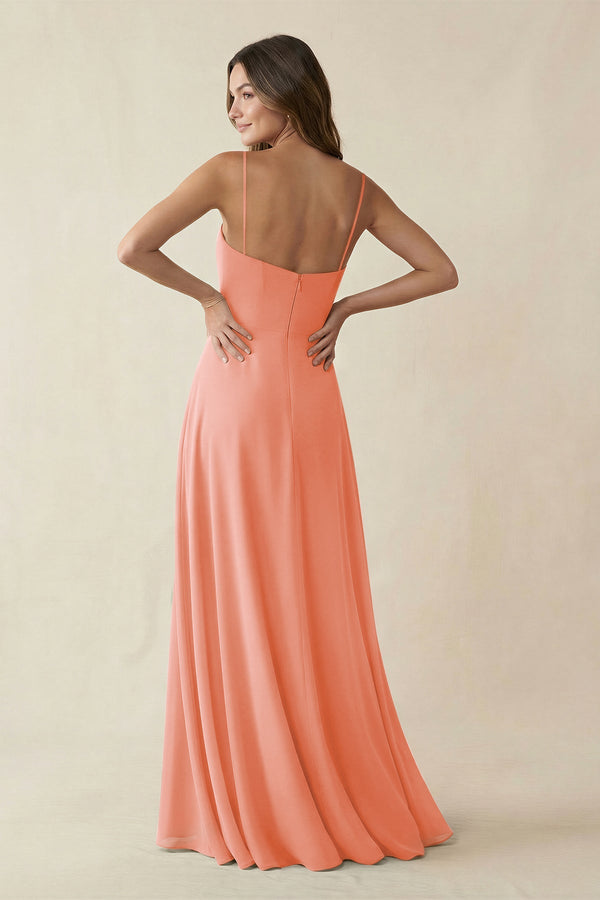 Spaghetti Strap A - Line Chiffon Maxi Bridesmaid Dress in Rosette - SHE IS ME Bridesmaid Dresses
