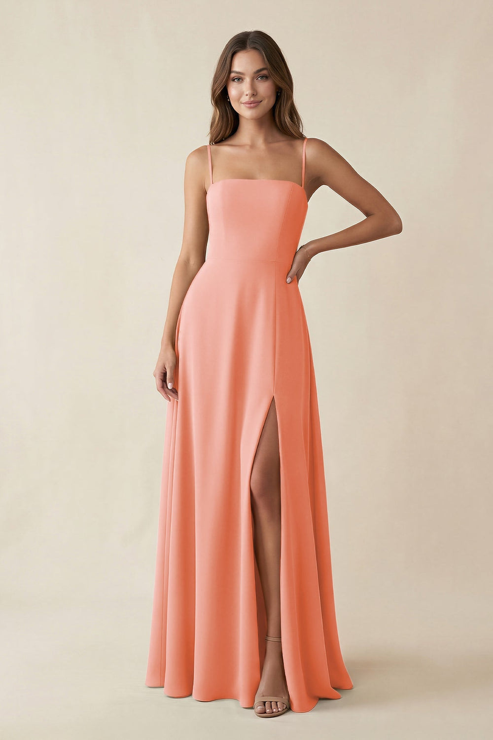 Spaghetti Strap A - Line Chiffon Maxi Bridesmaid Dress in Rosette - KISS BRIDAL Bridesmaid Dresses
