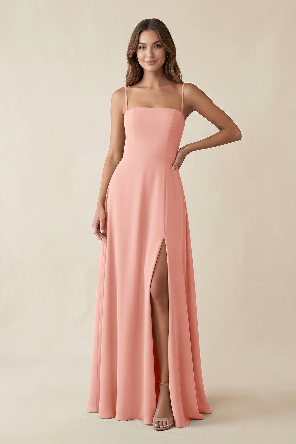 Spaghetti Strap A-Line Chiffon Maxi Bridesmaid Dress in Rosette