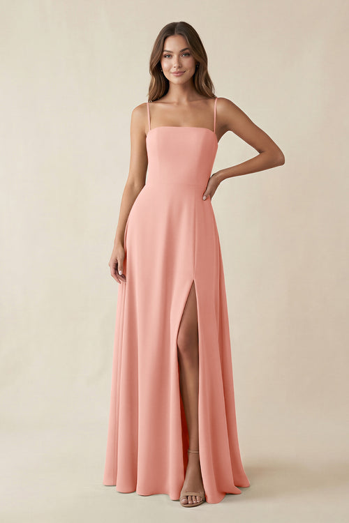 Spaghetti Strap A-Line Chiffon Maxi Bridesmaid Dress in Rosette | KISSBRIDAL