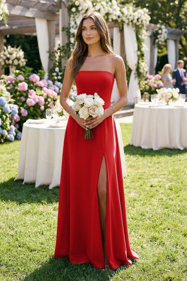 Spaghetti Strap A - Line Chiffon Maxi Bridesmaid Dress in Ruby Red - SHE IS ME Bridesmaid Dresses