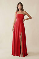 Spaghetti Strap A - Line Chiffon Maxi Bridesmaid Dress in Ruby Red - SHE IS ME Bridesmaid Dresses