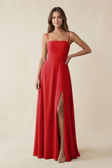 Spaghetti Strap A - Line Chiffon Maxi Bridesmaid Dress in Ruby Red - KISS BRIDAL Bridesmaid Dresses