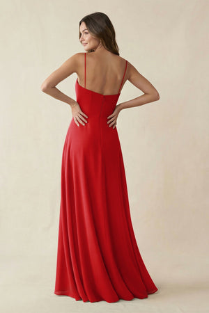 Spaghetti Strap A - Line Chiffon Maxi Bridesmaid Dress in Ruby Red - SHE IS ME Bridesmaid Dresses