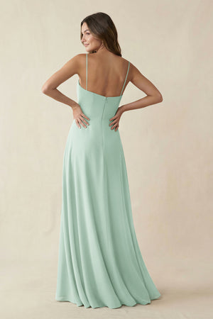 Spaghetti Strap A-Line Chiffon Maxi Bridesmaid Dress in Sage (2) | KISSBRIDAL