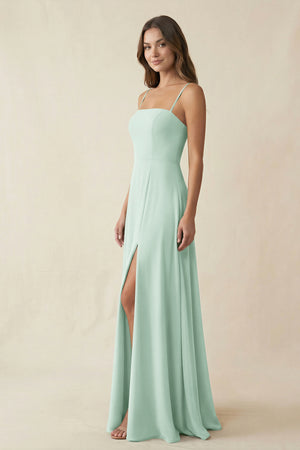 Spaghetti Strap A-Line Chiffon Maxi Bridesmaid Dress in Sage (3) | KISSBRIDAL