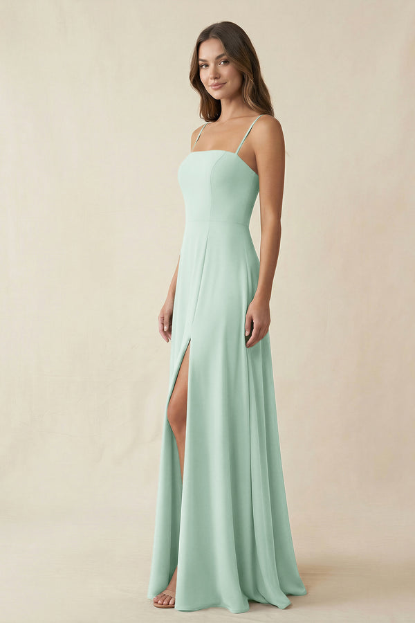 Spaghetti Strap A-Line Chiffon Maxi Bridesmaid Dress in Sage (3) | KISSBRIDAL