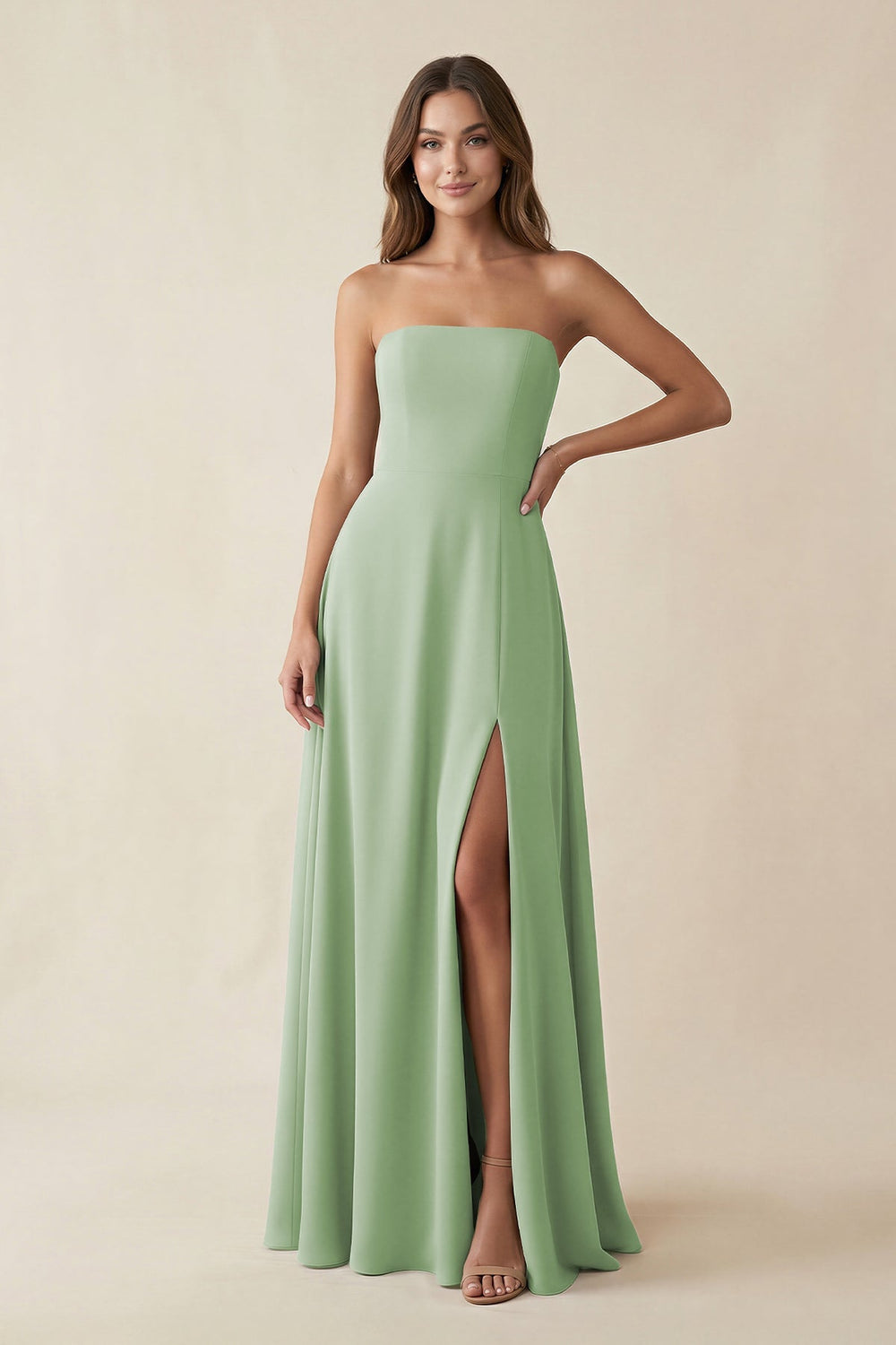 Spaghetti Strap A - Line Chiffon Maxi Bridesmaid Dress in Sage - SHE IS ME Bridesmaid Dresses
