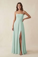 Spaghetti Strap A-Line Chiffon Maxi Bridesmaid Dress in Sage | KISSBRIDAL