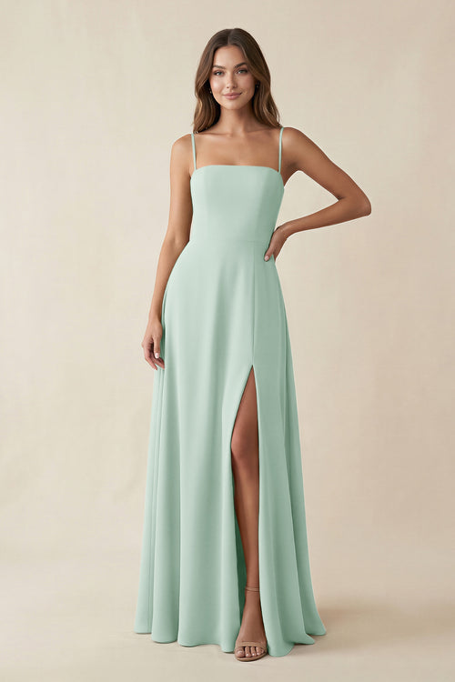 Spaghetti Strap A-Line Chiffon Maxi Bridesmaid Dress in Sage | KISSBRIDAL