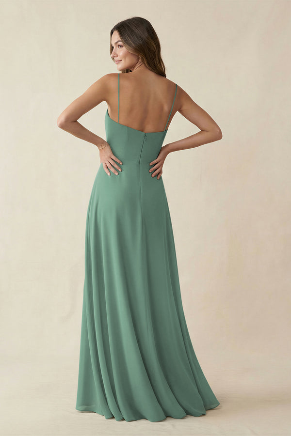 Spaghetti Strap A-Line Chiffon Maxi Bridesmaid Dress in Sea Glass (2) | KISSBRIDAL