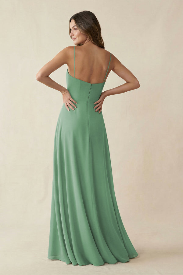 Spaghetti Strap A - Line Chiffon Maxi Bridesmaid Dress in Sea Glass - SHE IS ME Bridesmaid Dresses