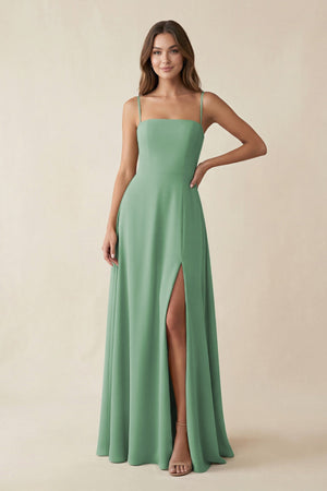 Spaghetti Strap A - Line Chiffon Maxi Bridesmaid Dress in Sea Glass - SHE IS ME Bridesmaid Dresses
