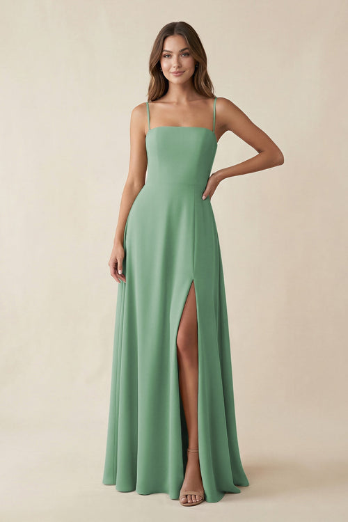 Spaghetti Strap A - Line Chiffon Maxi Bridesmaid Dress in Sea Glass - SHE IS ME Bridesmaid Dresses