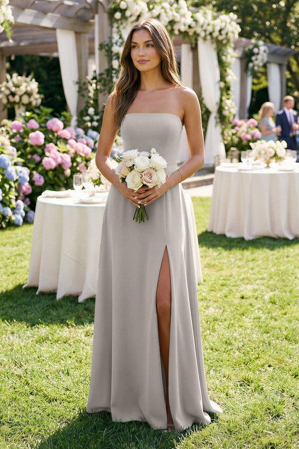 Spaghetti Strap A - Line Chiffon Maxi Bridesmaid Dress in Silver - SHE IS ME Bridesmaid Dresses