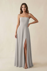 Spaghetti Strap A - Line Chiffon Maxi Bridesmaid Dress in Silver - KISS BRIDAL Bridesmaid Dresses