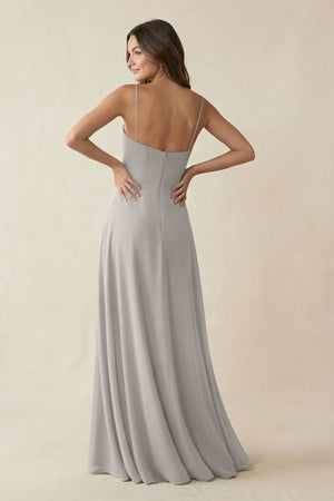 Spaghetti Strap A - Line Chiffon Maxi Bridesmaid Dress in Silver - SHE IS ME Bridesmaid Dresses